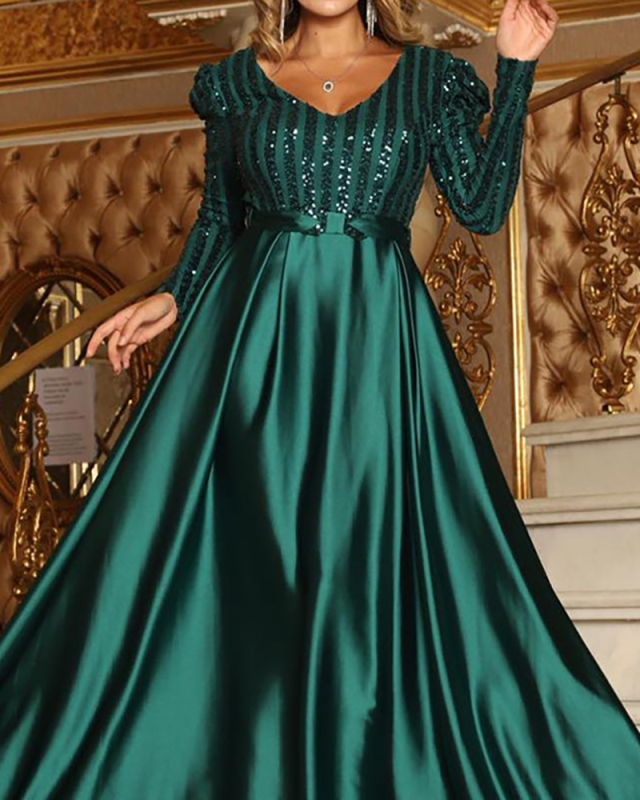 Womens Newest Formal Long Sleeve Sequin V Neck Big Hem Floor-length Evening Dress Khaki Green Black Silver Beige Apricot M-4XL
