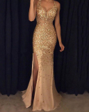 Women Sequin High Slit V-Neck Sleeveless Evening Dress Gown Pink Black Gold Silver S-2XL