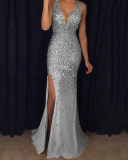 Women Sequin High Slit V-Neck Sleeveless Evening Dress Gown Pink Black Gold Silver S-2XL