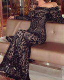 Women Long Sleeve Off Shoulder Sequin Lace Gown Evening Dress White Black S-XL