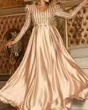 Womens Newest Formal Long Sleeve Sequin V Neck Big Hem Floor-length Evening Dress Khaki Green Black Silver Beige Apricot M-4XL