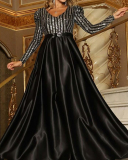 Womens Newest Formal Long Sleeve Sequin V Neck Big Hem Floor-length Evening Dress Khaki Green Black Silver Beige Apricot M-4XL