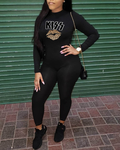 Ladies Fashion New Casual Lip Letter Print Jumpsuit S-XXL