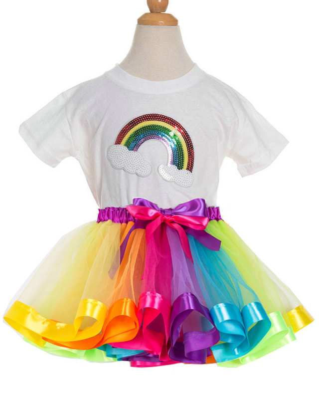 Summer Girls Rainbow Clothing Sets Casual Cotton Short Sleeve T-shirt+Rainbow Tutu Skirts