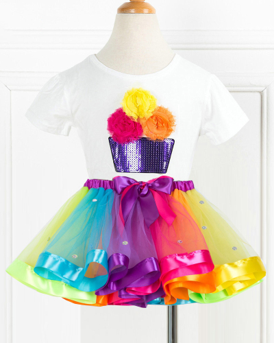 Summer Girls Rainbow Clothing Sets Casual Cotton Short Sleeve T-shirt+Rainbow Tutu Skirts