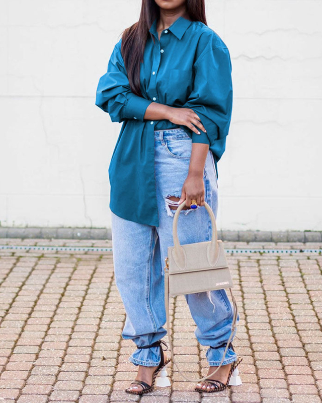 Womens Fashion Autumn Solid Color Long Sleeve Button Shirts Plus Size Top Shirts Blue Brown L-4XL