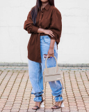 Womens Fashion Autumn Solid Color Long Sleeve Button Shirts Plus Size Top Shirts Blue Brown L-4XL