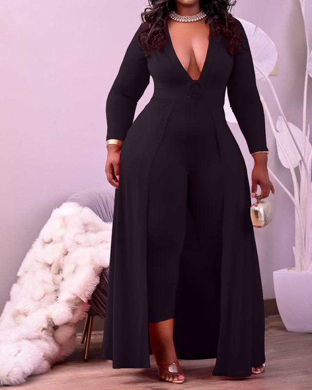 Fashion Women Clothes Solid Color Long Sleeve Deep V-neck Plus Size Jumpsuit Red Black L-4XL