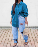Womens Fashion Autumn Solid Color Long Sleeve Button Shirts Plus Size Top Shirts Blue Brown L-4XL