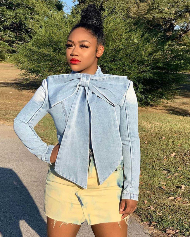 Women Autumn Sexy Ripped Bow Denim Jackets Jeans Vintage Casual Jean Jacket
