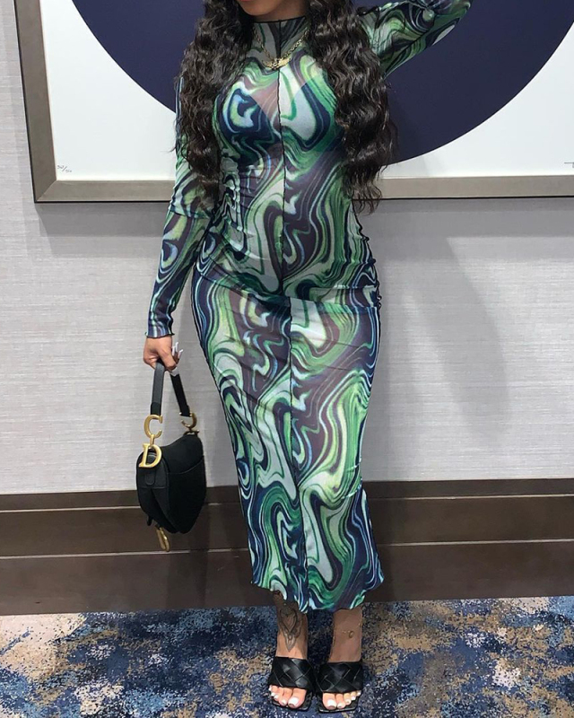 Women Mesh See Through Long Sleeve One Piece Dress S-L 
