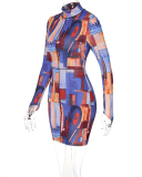 Womens Long Sleeve High Neck Fashion Slim One-piece Dress Bodycon Dress S-L