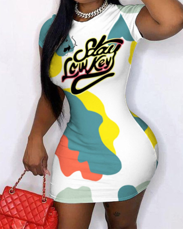 Lady Printing Slim One Piece Dress White S-4XL