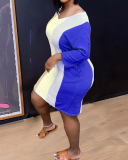 Lady Colorblock V-Neck Long Sleeve One Piece Dress Yellow Red Blue S-2XL 