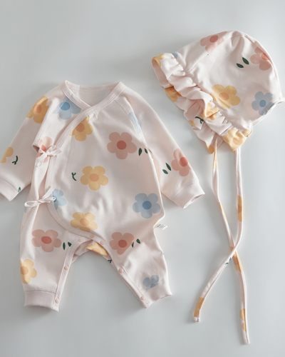 Children Cute Printing Strappy Long Sleeve Jumpsuit Blue Yellow Pink 52-66