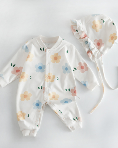 Children Long Sleeve Flower Printing Pajamas Two Piece Set (Including Hat)66-90