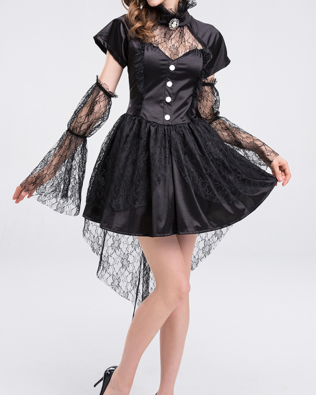 Halloween New Witch Costume Black Mesh Dress Lace Little Witch S-XL
