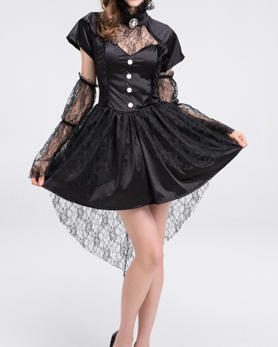 Halloween New Witch Costume Black Mesh Dress Lace Little Witch S-XL