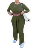 Women Long Sleeve Solid Color Crop Tops Casual Pants Sets Two Pieces Outfit Green Gray Pink S-XL