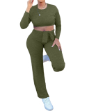 Women Long Sleeve Solid Color Crop Tops Casual Pants Sets Two Pieces Outfit Green Gray Pink S-XL