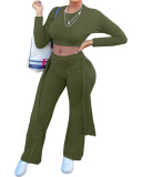 Women Long Sleeve Solid Color Crop Tops Casual Pants Sets Two Pieces Outfit Green Gray Pink S-XL