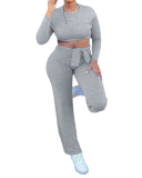 Women Long Sleeve Solid Color Crop Tops Casual Pants Sets Two Pieces Outfit Green Gray Pink S-XL