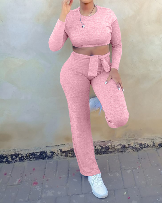 Women Long Sleeve Solid Color Crop Tops Casual Pants Sets Two Pieces Outfit Green Gray Pink S-XL