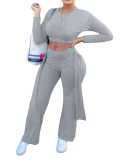 Women Long Sleeve Solid Color Crop Tops Casual Pants Sets Two Pieces Outfit Green Gray Pink S-XL