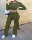 Women Long Sleeve Solid Color Crop Tops Casual Pants Sets Two Pieces Outfit Green Gray Pink S-XL