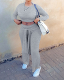 Women Long Sleeve Solid Color Crop Tops Casual Pants Sets Two Pieces Outfit Green Gray Pink S-XL