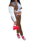 Women Colorblock Jacket Colorblock Single-breasted Alphabet Print Baseball Uniform Sports Suit Two Pieces Outfit S-2XL