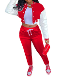 Women Colorblock Jacket Colorblock Single-breasted Alphabet Print Baseball Uniform Sports Suit Two Pieces Outfit S-2XL