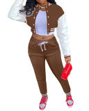 Women Colorblock Jacket Colorblock Single-breasted Alphabet Print Baseball Uniform Sports Suit Two Pieces Outfit S-2XL