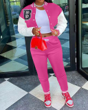 Women Colorblock Jacket Colorblock Single-breasted Alphabet Print Baseball Uniform Sports Suit Two Pieces Outfit S-2XL
