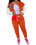 Women Colorblock Jacket Colorblock Single-breasted Alphabet Print Baseball Uniform Sports Suit Two Pieces Outfit S-2XL