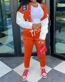 Women Colorblock Jacket Colorblock Single-breasted Alphabet Print Baseball Uniform Sports Suit Two Pieces Outfit S-2XL