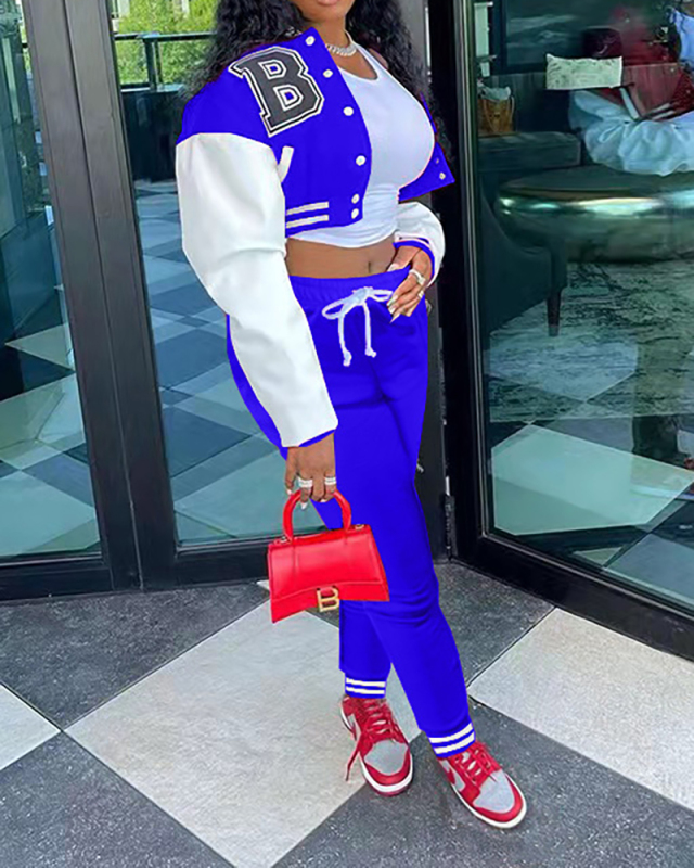 Women Colorblock Jacket Colorblock Single-breasted Alphabet Print Baseball Uniform Sports Suit Two Pieces Outfit S-2XL