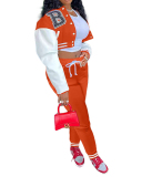 Women Colorblock Jacket Colorblock Single-breasted Alphabet Print Baseball Uniform Sports Suit Two Pieces Outfit S-2XL