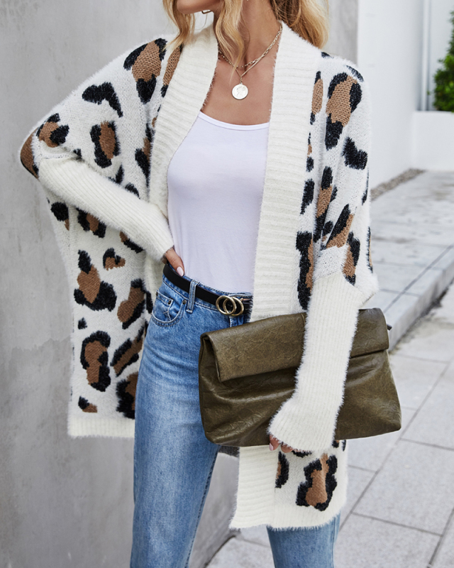 Lady Leopard Printing Cardigan Sweater Khaki Gray Apricot S-XL 