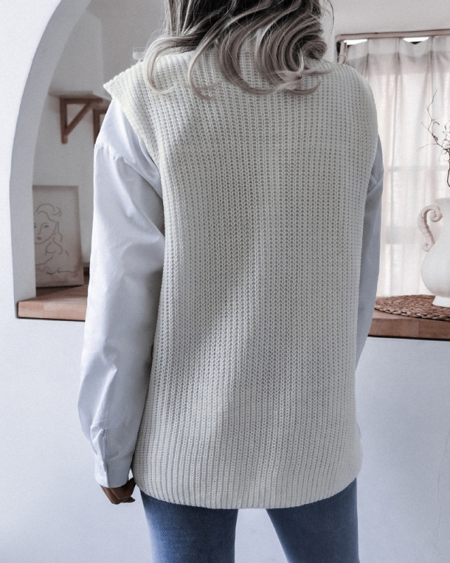 Women Solid Color Fall & Winter Casual V-Neck Knitting Sweater Sleeve Vest Blue White Apricot S-L