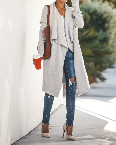 Women Solid Color Street Style Long Sleeve Knitted Coat Sweater Pink Gray Black Wine Red S-XL 