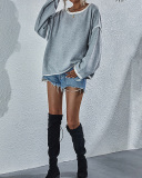 Fall & Winter Fashion Women Long Sleeve Crewneck Solid Color Loose Comfortable Sweater Tops Khaki Purple Green Gray Black S-XL
