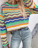 Casual Colorful Striped Long Sleeve Patchwork Crewneck Knitting Sweater Tops Green Black Blue Orange S-XL