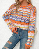 Casual Colorful Striped Long Sleeve Patchwork Crewneck Knitting Sweater Tops Green Black Blue Orange S-XL