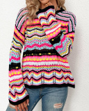Casual Colorful Striped Long Sleeve Patchwork Crewneck Knitting Sweater Tops Green Black Blue Orange S-XL