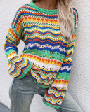 Casual Colorful Striped Long Sleeve Patchwork Crewneck Knitting Sweater Tops Green Black Blue Orange S-XL