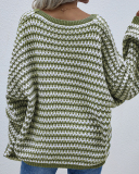 New Women Over Size V-Neck Striped Fall Pullover Sweater Khaki Pink Gray Black Blue Green Apricot S-XL