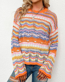Casual Colorful Striped Long Sleeve Patchwork Crewneck Knitting Sweater Tops Green Black Blue Orange S-XL