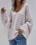 New Women Over Size V-Neck Striped Fall Pullover Sweater Khaki Pink Gray Black Blue Green Apricot S-XL