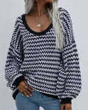 New Women Over Size V-Neck Striped Fall Pullover Sweater Khaki Pink Gray Black Blue Green Apricot S-XL